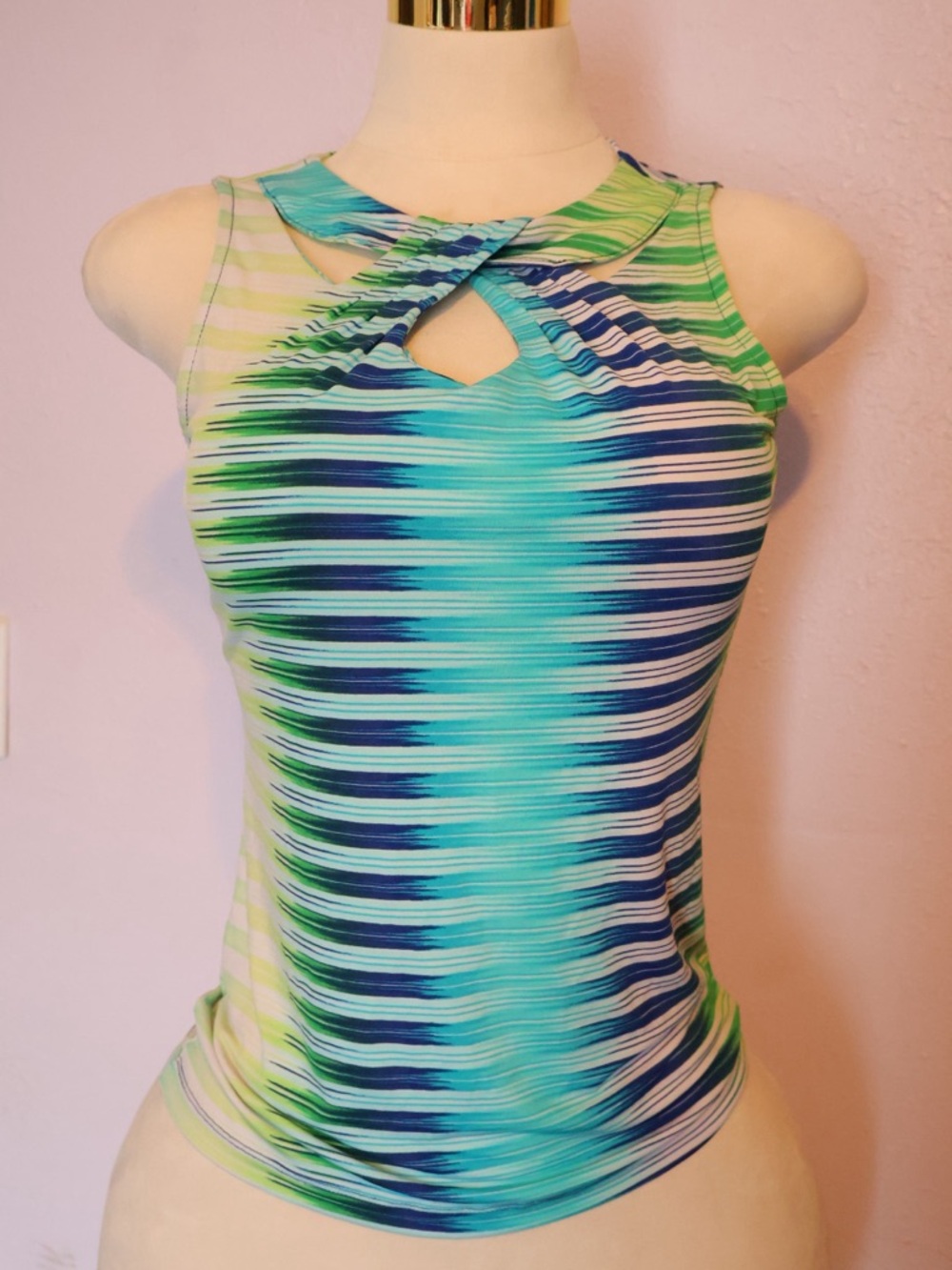 New York & Company Aqua, Teal & Navy Striped Tank